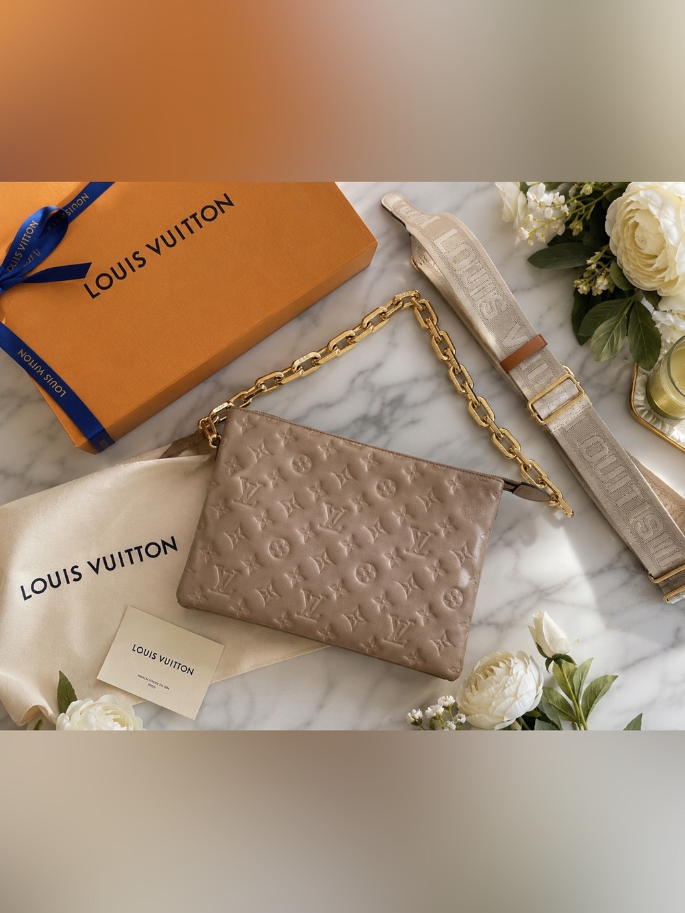 Louis Vuitton Coussin PM Taupe Monogram Lambskin Gold Chain M59277